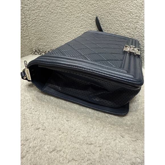 Chanel Boy Bag Medium Perforated Navy Blue Calfskin Leather with Silver Hardware - Picture 7 of 8